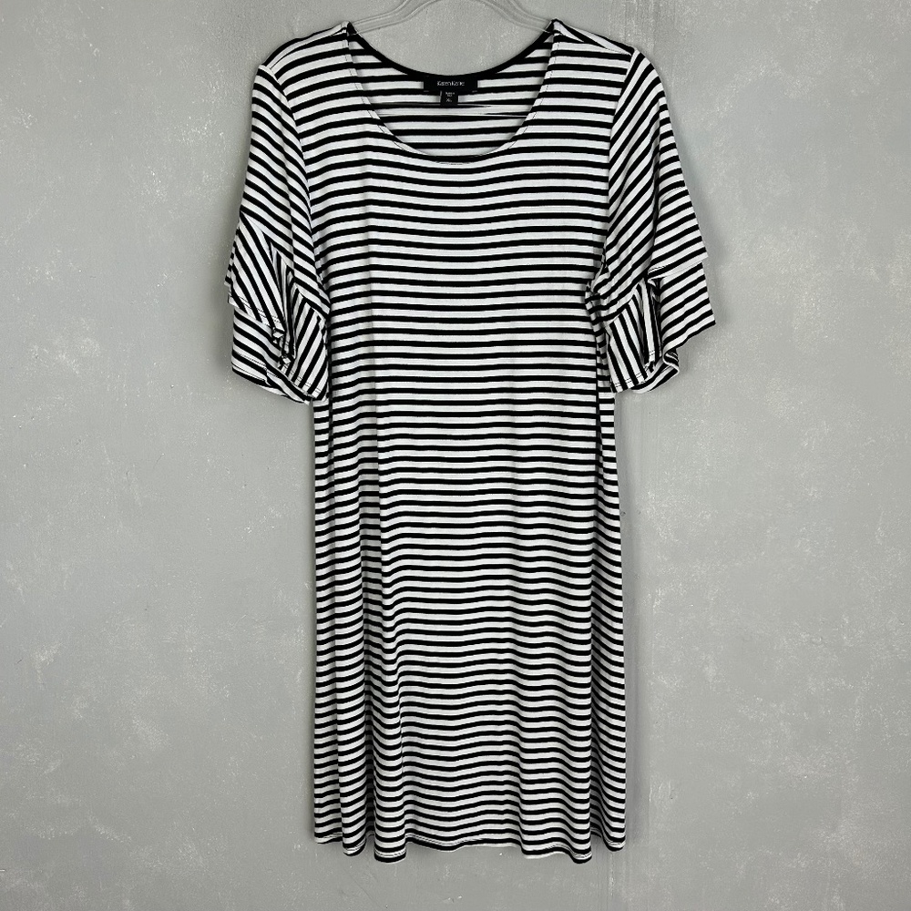 Karen Kane size XL A-line dress jersey stretch black stripe ruffle short sleeve
